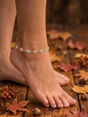 Stainless Steel White Blossom Evil Eye Gold Plated Floral Charm Anklet Bracelet